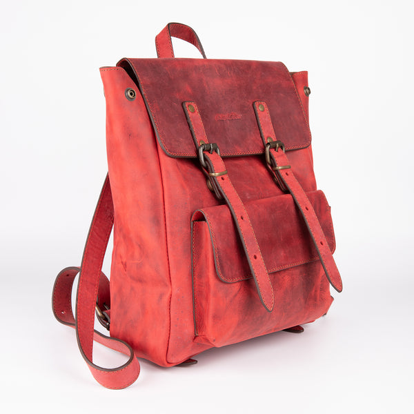 Crazy Horse Leather Expandable Backpack - Red - Chicatolia