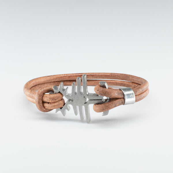 Organic, Double-Stranded, Rounded Leather Wristband with the “Pine Tree” Stainless Steel Clasp - Chicatolia