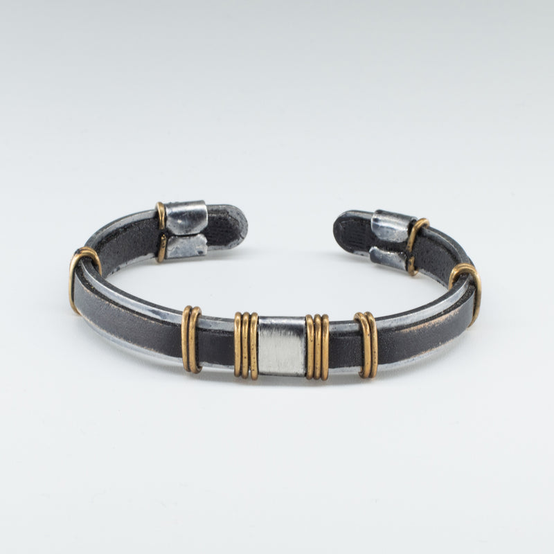 Flat Organic Leather, Stainless Steel, Open Cuff Bangle Design, Adorable Wristband - Chicatolia