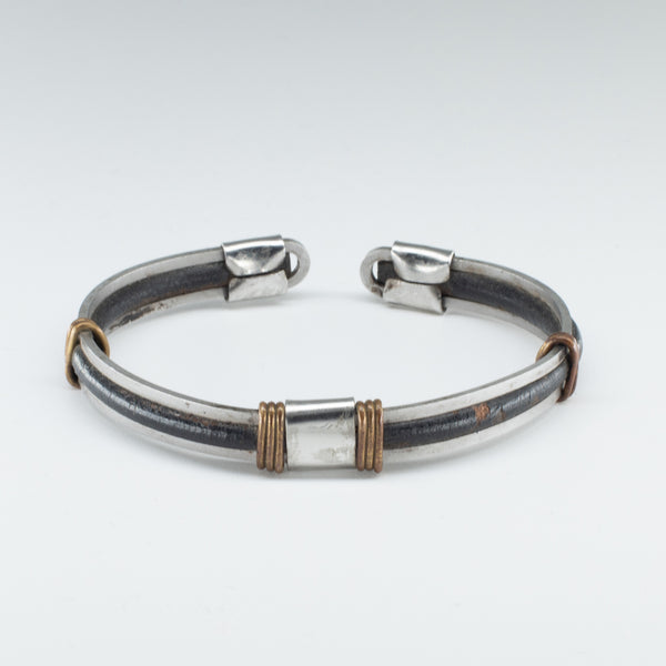 Rounded Organic Leather, Stainless Steel, Open Cuff Bangle Design, Adorable Wristband - Chicatolia