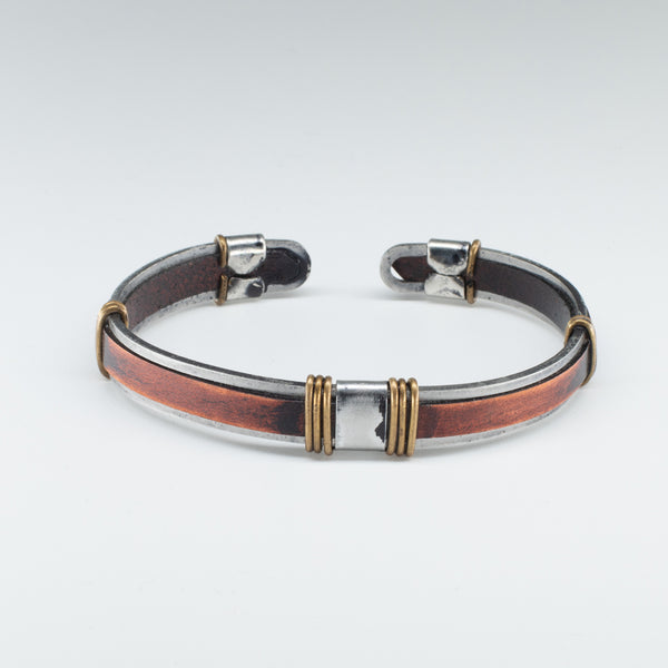Flat Organic Leather, Stainless Steel, Open Cuff Bangle Design, Adorable Wristband - Chicatolia