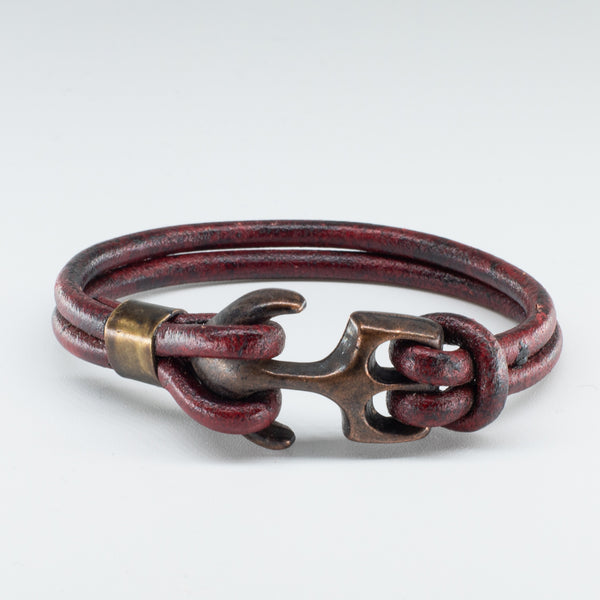 Organic, Double-Stranded, Rounded Leather Wristband with the “Anchor” Model Stainless Steel Clasp - Chicatolia