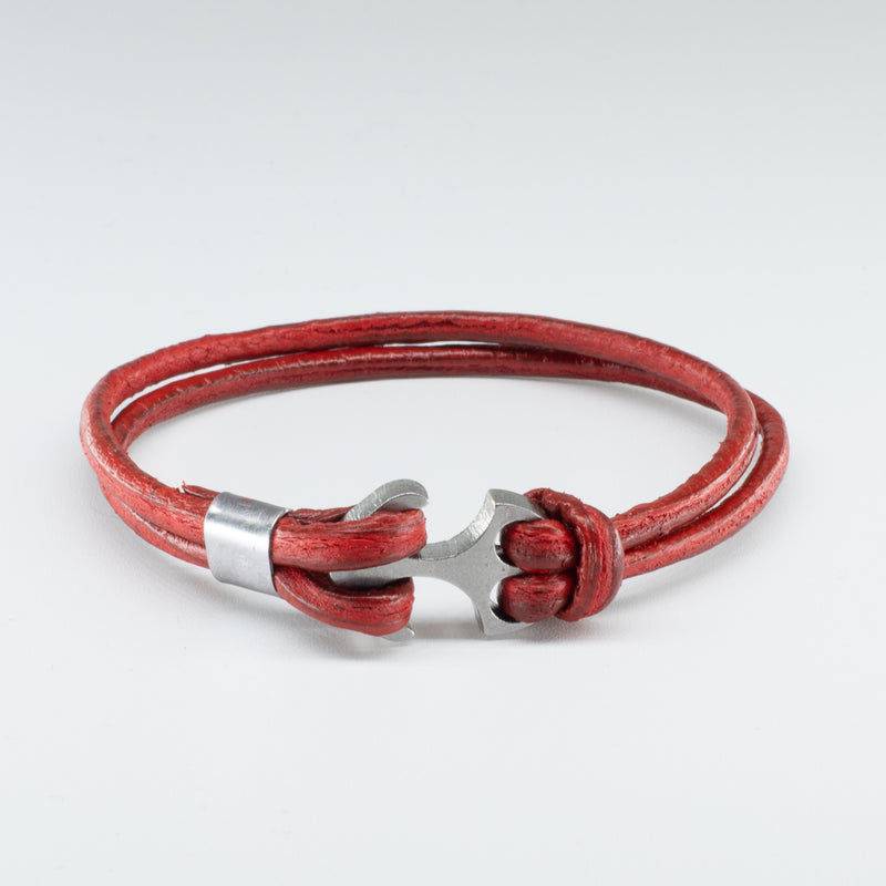 Organic, Double-Stranded, Rounded Leather Wristband with the “Anchor ” Model Stainless Steel Clasp - Chicatolia