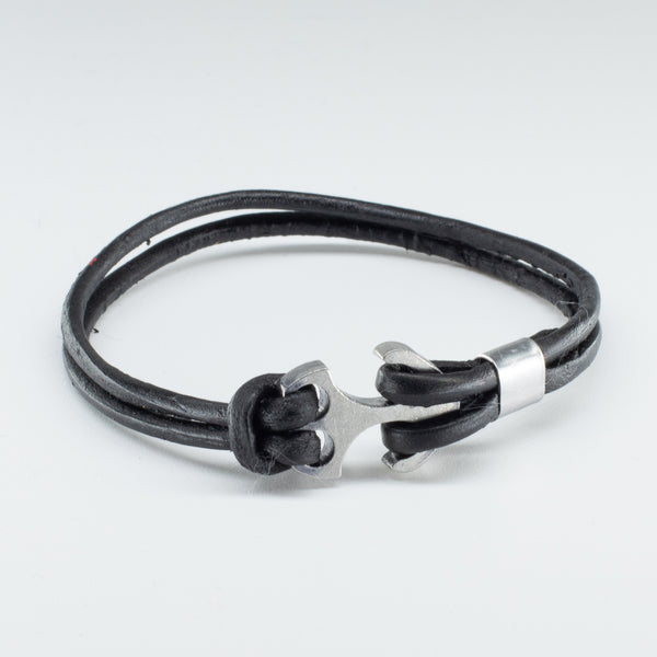 Organic, Double-Stranded, Rounded Leather Wristband with the “Anchor ” Model Stainless Steel Clasp - Chicatolia