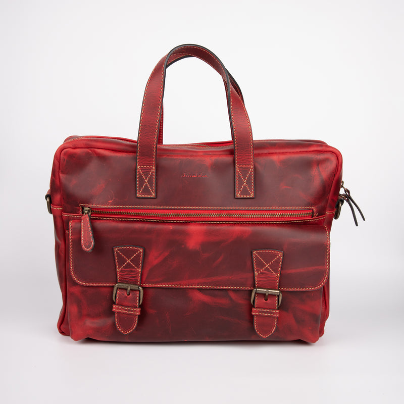 Crazy Horse Leather Briefcase - Red - Chicatolia