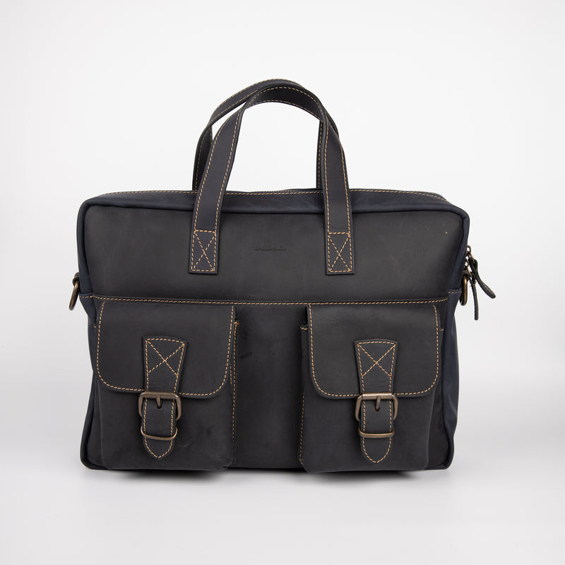 Two Pocket Belt Strap Briefcase - Black - Chicatolia
