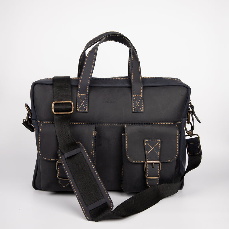Two Pocket Belt Strap Briefcase - Black - Chicatolia