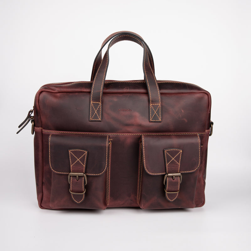 Two Pocket Belt Strap Briefcase - Burgundy - Chicatolia