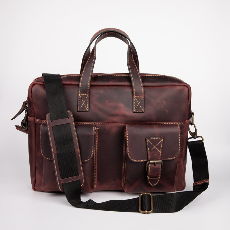 Two Pocket Belt Strap Briefcase - Burgundy - Chicatolia