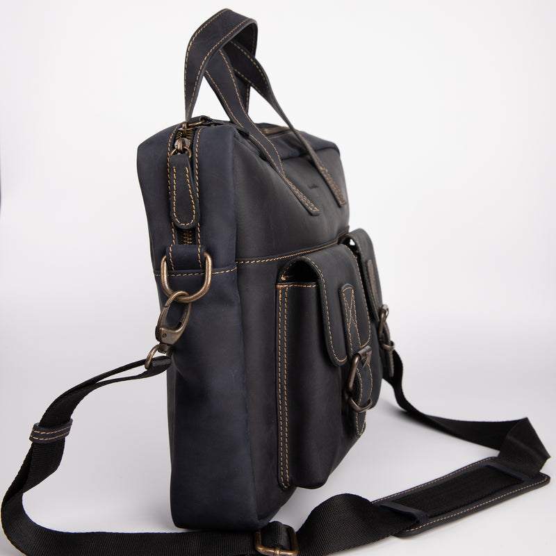 Two Pocket Belt Strap Briefcase - Black - Chicatolia