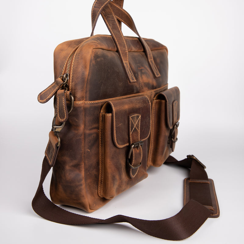 Two Pocket Belt Strap Briefcase - Tan - Chicatolia