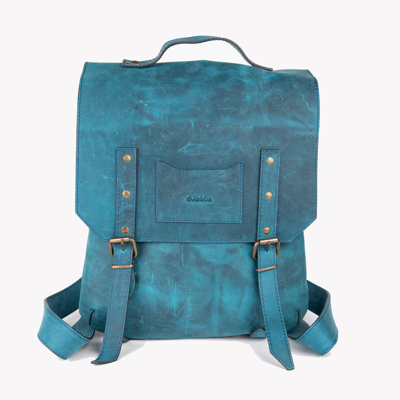 Crazy Horse Leather Backpack - Turquoise - Chicatolia