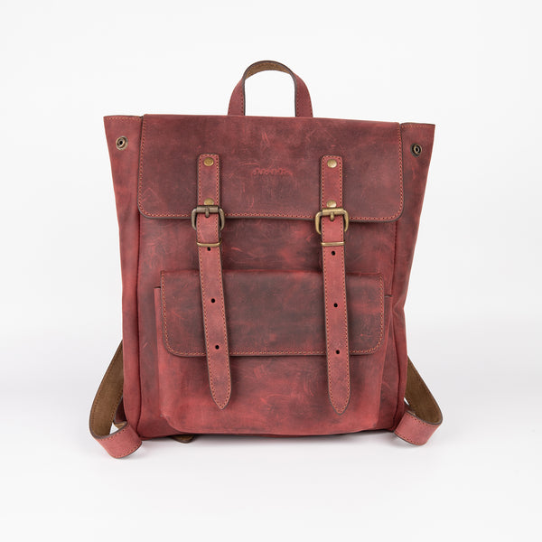 Crazy Horse Leather Expandable Backpack - Burgundy - Chicatolia