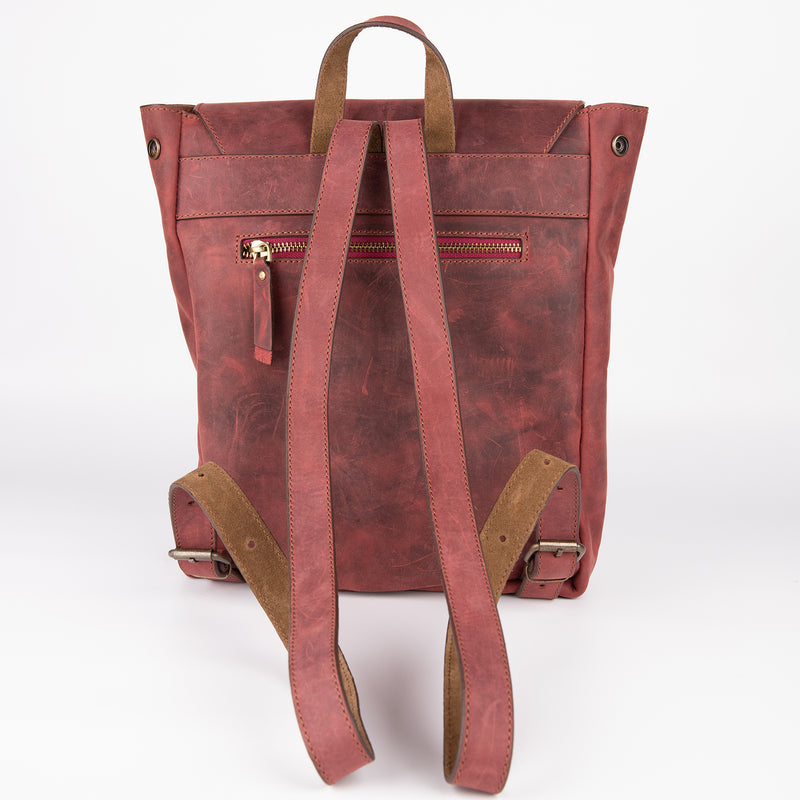 Crazy Horse Leather Expandable Backpack - Burgundy - Chicatolia