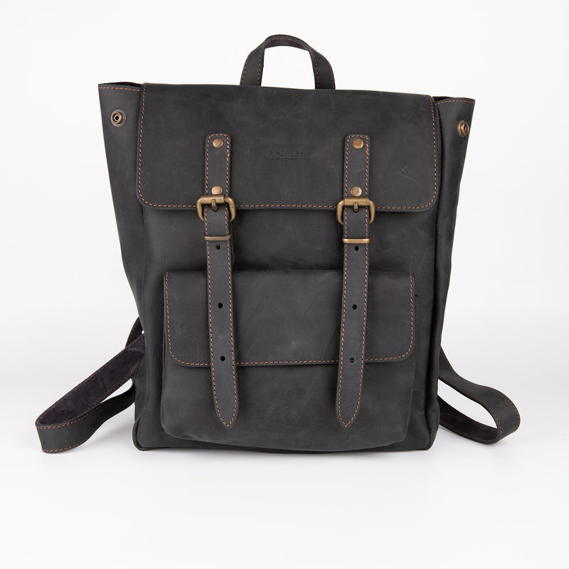 Crazy Horse Leather Expandable Backpack - Black