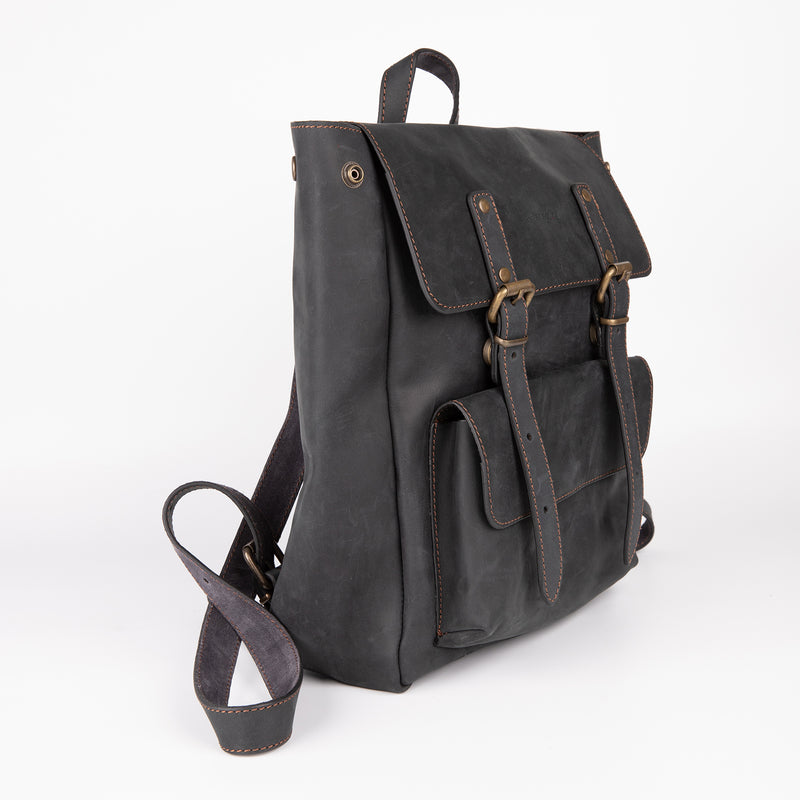 Crazy Horse Leather Expandable Backpack - Black