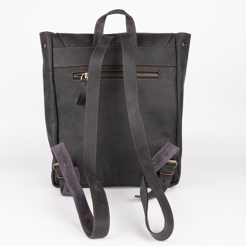 Crazy Horse Leather Expandable Backpack - Black