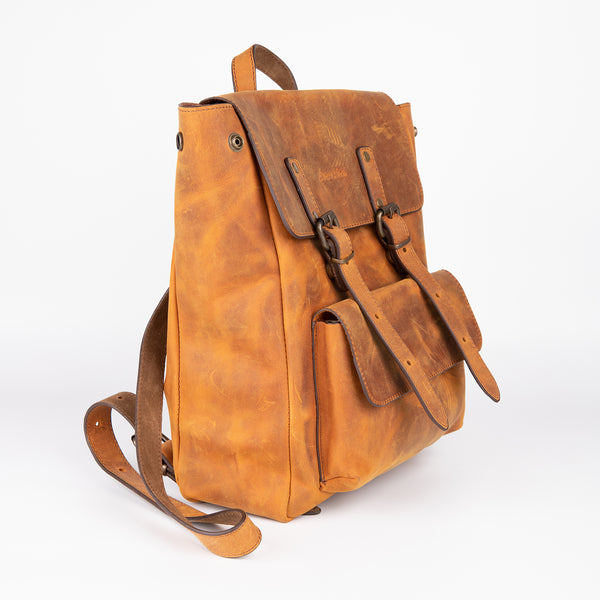 Crazy Horse Leather Expandable Backpack - Orange - Chicatolia