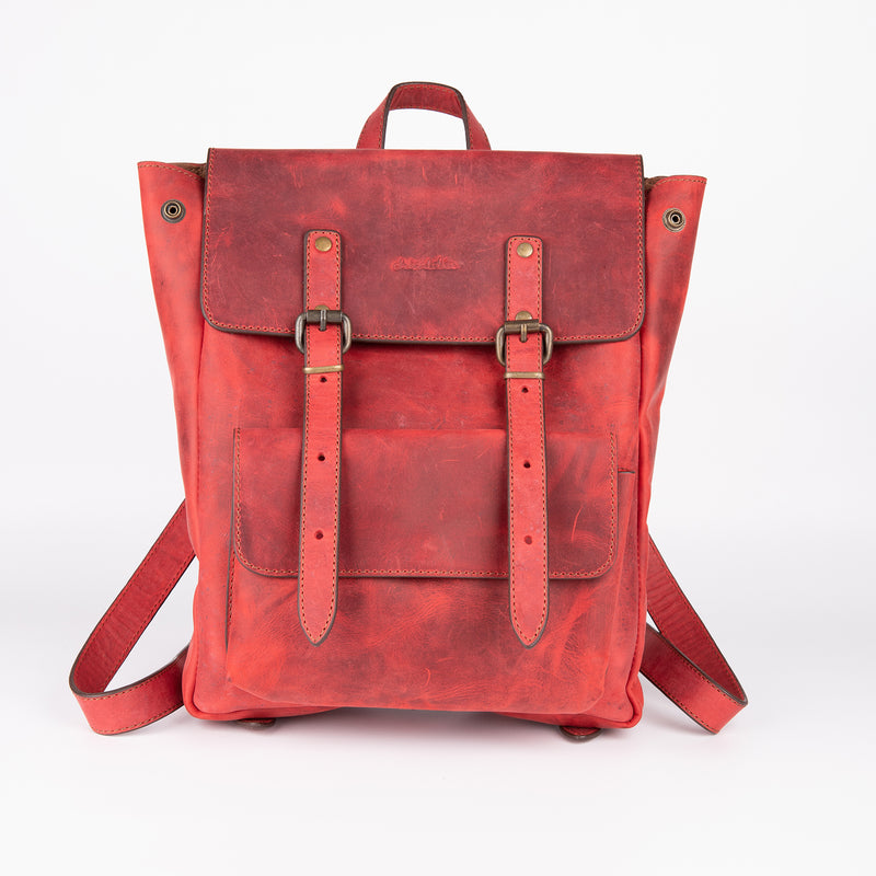 Crazy Horse Leather Expandable Backpack - Red - Chicatolia