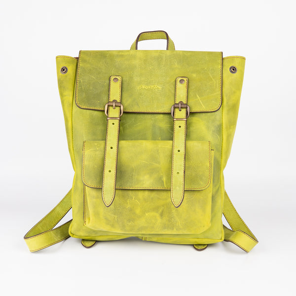 Crazy Horse Leather Expandable Backpack - Lime Green - Chicatolia