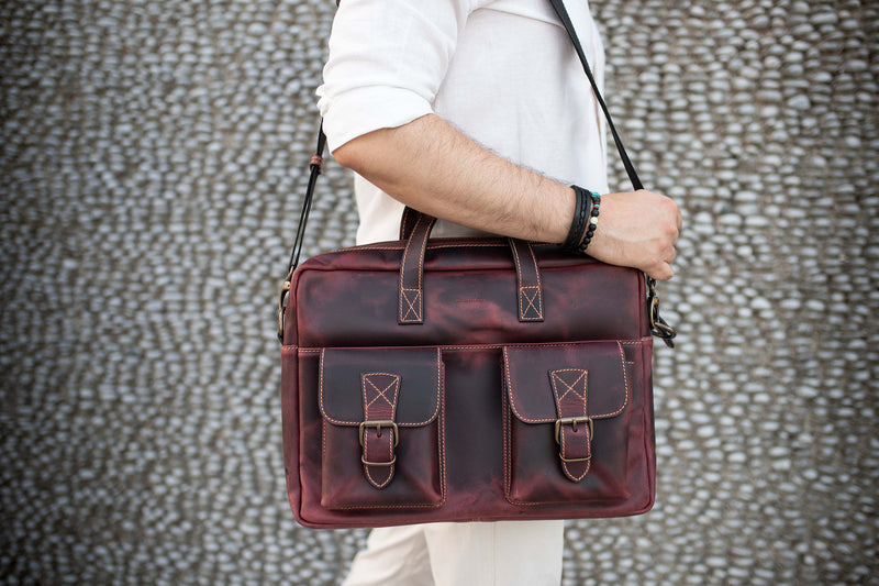 Two Pocket Belt Strap Briefcase - Burgundy - Chicatolia
