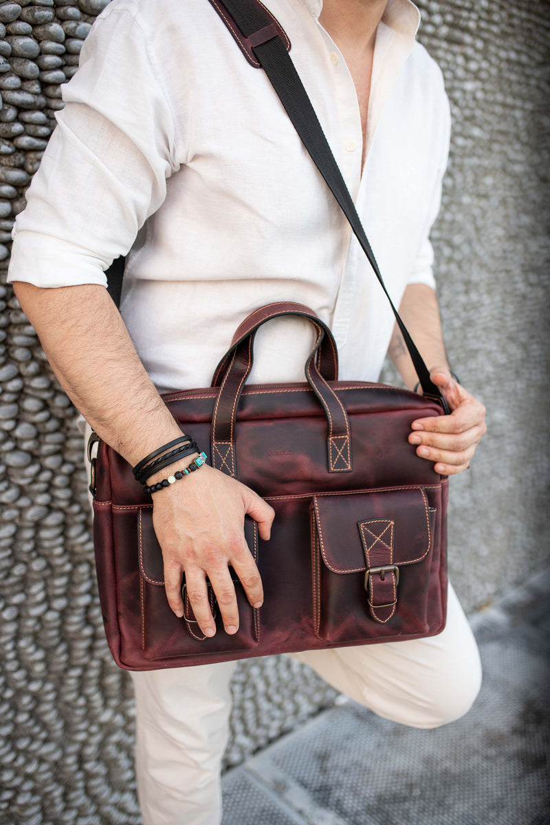 Two Pocket Belt Strap Briefcase - Burgundy - Chicatolia