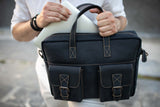 Two Pocket Belt Strap Briefcase - Black - Chicatolia